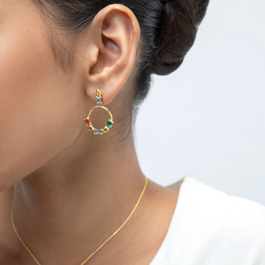 Model Image 1 of KiraKira Multi-Colour Danglers | 925 Silver Gold-Plated from Nishani’s Kira Kira festive collection — handcrafted multicolour stones jewelry, earrings in gold-plated 925 silver.