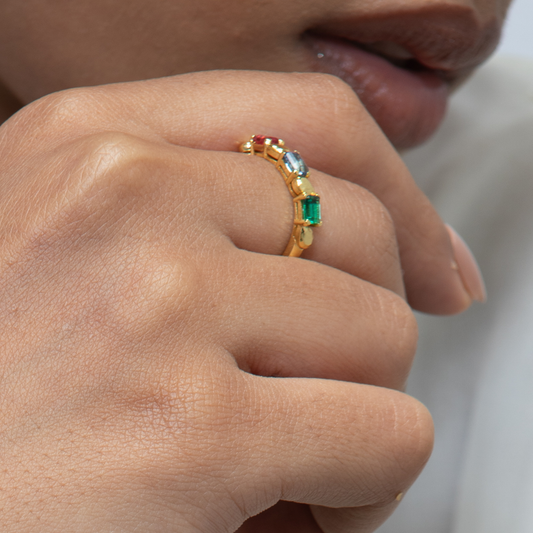 Model Image 1 of KiraKira Multicolour Ring | 925 Silver Gold-Plated from Nishani’s Kira Kira festive collection — handcrafted multicolour stones jewelry, ring in gold-plated 925 silver.