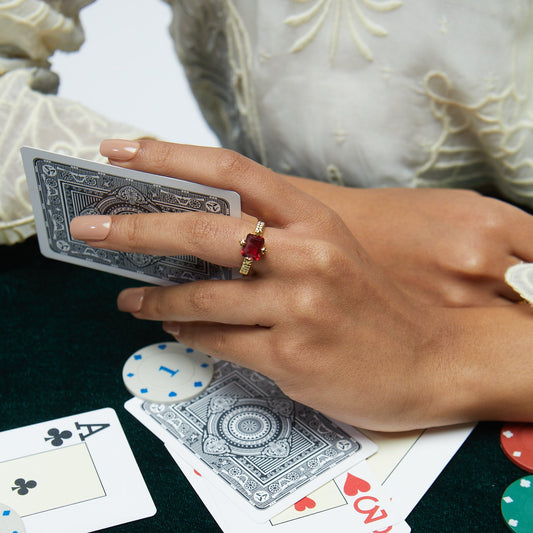 Model Image 1 of KiraKira Ruby Suits Ring | 925 Silver Gold-Plated from Nishani’s Kira Kira festive collection — handcrafted ruby jewelry, ring in gold-plated 925 silver.