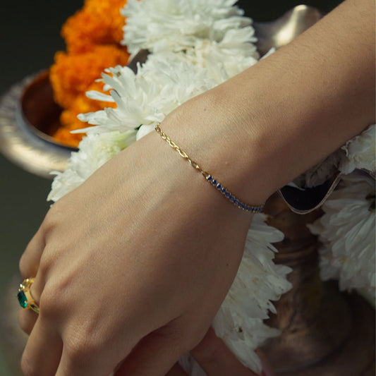 Model Image 1 of KiraKira half Tennis Bracelet | 925 Silver Gold Plated from Nishani’s Kira Kira festive collection — handcrafted bracelet in gold-plated 925 silver.