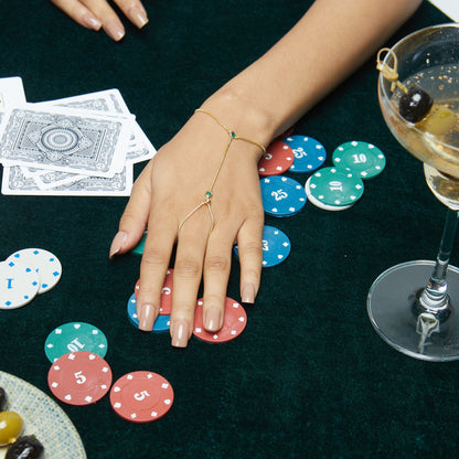 Model Image 2 of KiraKira Emerald Hand Chain | 925 Silver Gold-Plated from Nishani’s Kira Kira festive collection — handcrafted emerald jewelry, bracelet in gold-plated 925 silver.