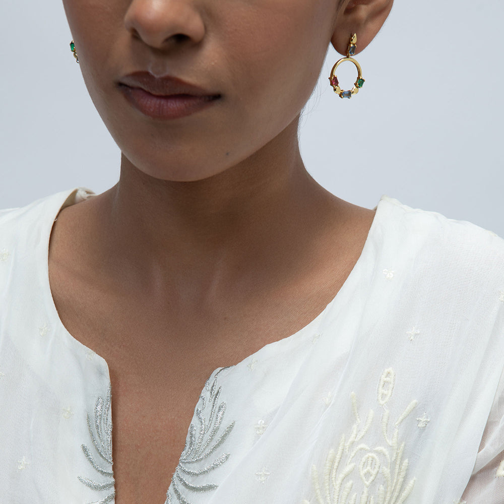 Model Image 2 of KiraKira Multi-Colour Danglers | 925 Silver Gold-Plated from Nishani’s Kira Kira festive collection — handcrafted multicolour stones jewelry, earrings in gold-plated 925 silver.