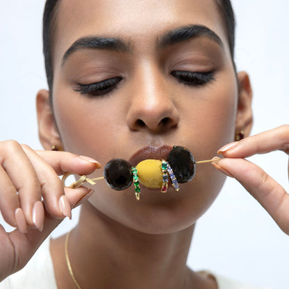 Model Image 2 of KiraKira Multicolour Ring | 925 Silver Gold-Plated from Nishani’s Kira Kira festive collection — handcrafted multicolour stones jewelry, ring in gold-plated 925 silver.