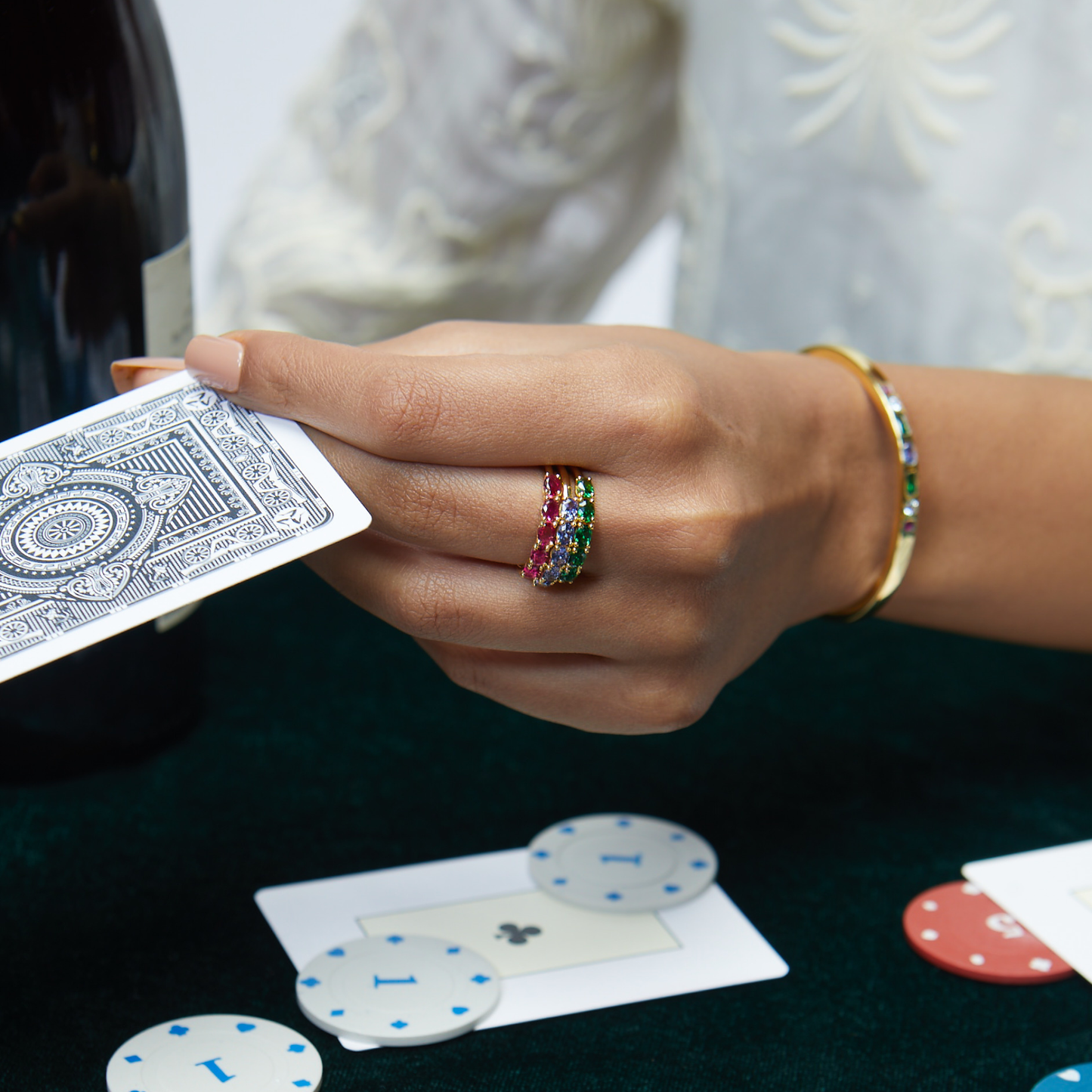 Model Image 1 of KiraKira Stackable Rings | 925 Silver Gold-Plated Multicolour from Nishani’s Kira Kira festive collection — handcrafted multicolour stones jewelry, ring in gold-plated 925 silver.