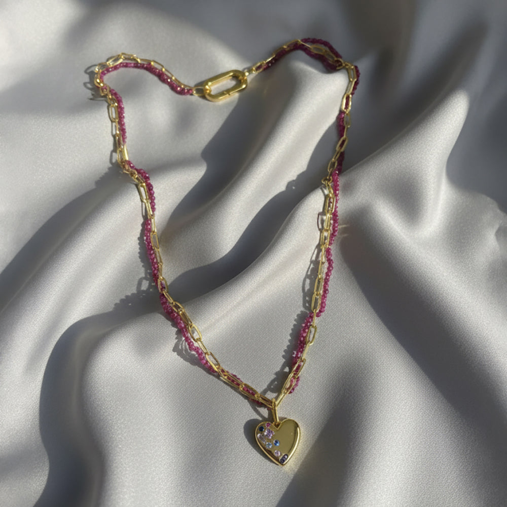 Multi-Colour Heart Necklace – front angle highlighting its romantic, youthful, and elevated design from Nishani’s Heart Collection.