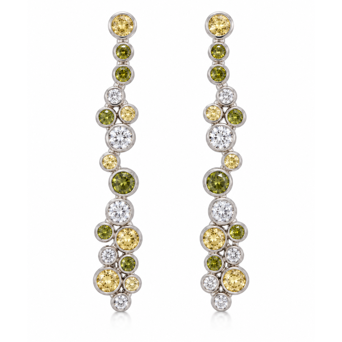 A pair of long, dangling earrings with clusters of round yellow diamonds, green diamonds, and clear diamonds set in silver-toned metal, shown against a plain white background.