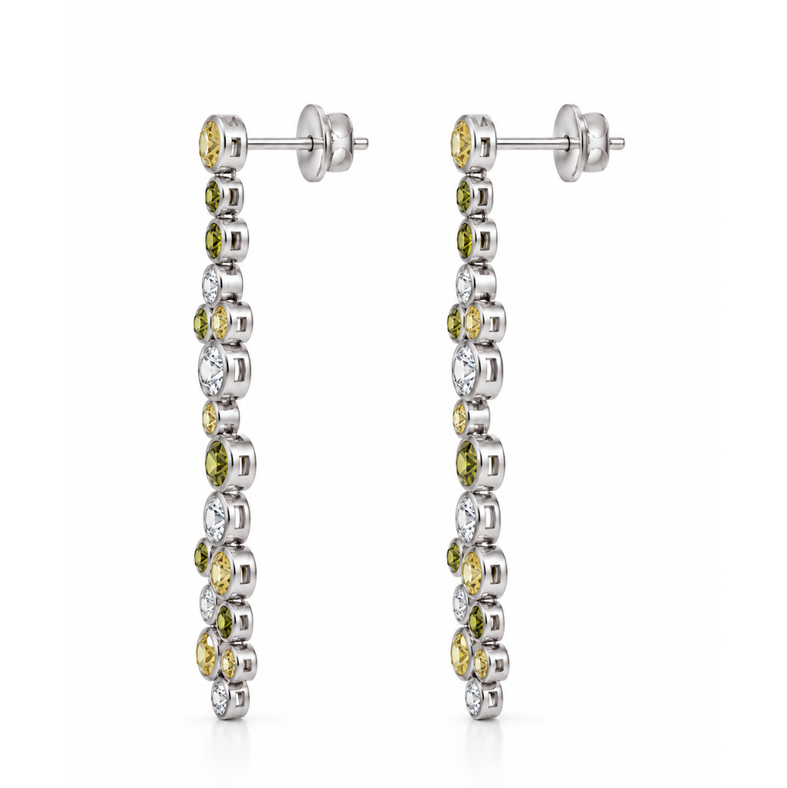 A pair of silver drop earrings featuring a vertical line of round-cut yellow diamonds and clear round-cut diamonds in silver bezel settings, shown against a plain white background.