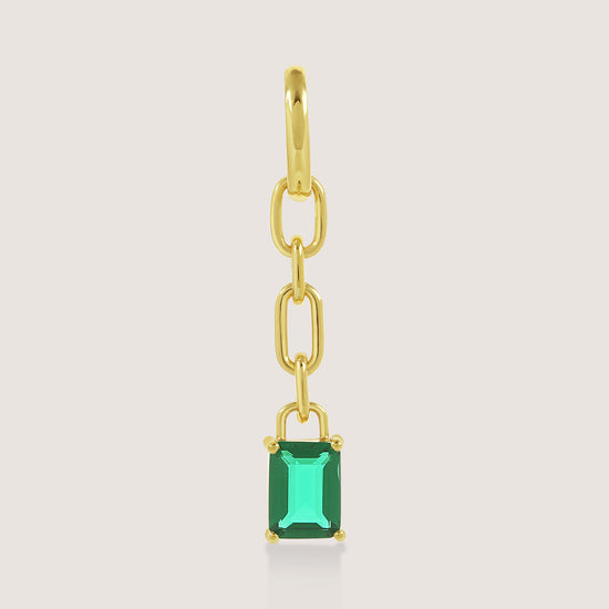 White Background - Close-up of KiraKira Emerald Danglers | 925 Silver Gold-Plated from Nishani’s Kira Kira festive collection — handcrafted emerald jewelry, earrings in gold-plated 925 silver.
