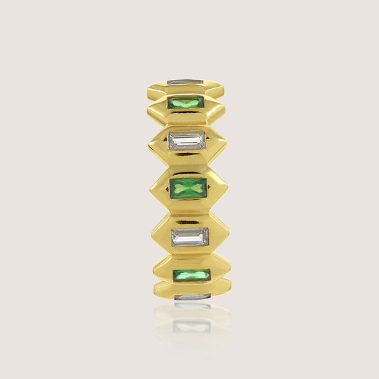White Background - Close-up of KiraKira Hoops | Gold-Plated Jewellery with Emeralds from Nishani’s Kira Kira festive collection — handcrafted emerald jewelry, earrings in gold-plated 925 silver.