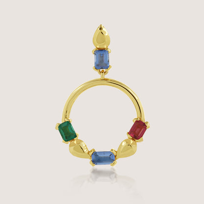 White Background - Close-up of KiraKira Multi-Colour Danglers | 925 Silver Gold-Plated from Nishani’s Kira Kira festive collection — handcrafted multicolour stones jewelry, earrings in gold-plated 925 silver.