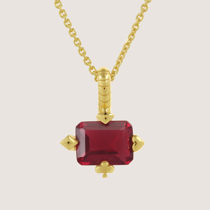 White Background - Close-up of KiraKira Ruby Suits Necklace | 925 Silver Gold-Plated from Nishani’s Kira Kira festive collection — handcrafted ruby jewelry, necklace in gold-plated 925 silver.