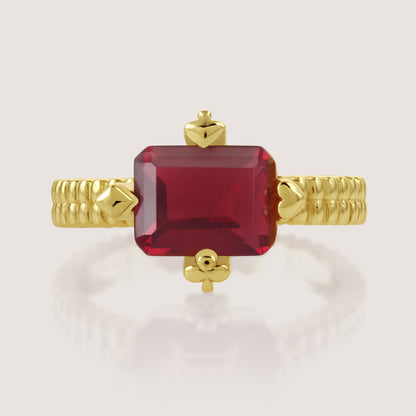 White Background - Close-up of KiraKira Ruby Suits Ring | 925 Silver Gold-Plated from Nishani’s Kira Kira festive collection — handcrafted ruby jewelry, ring in gold-plated 925 silver.