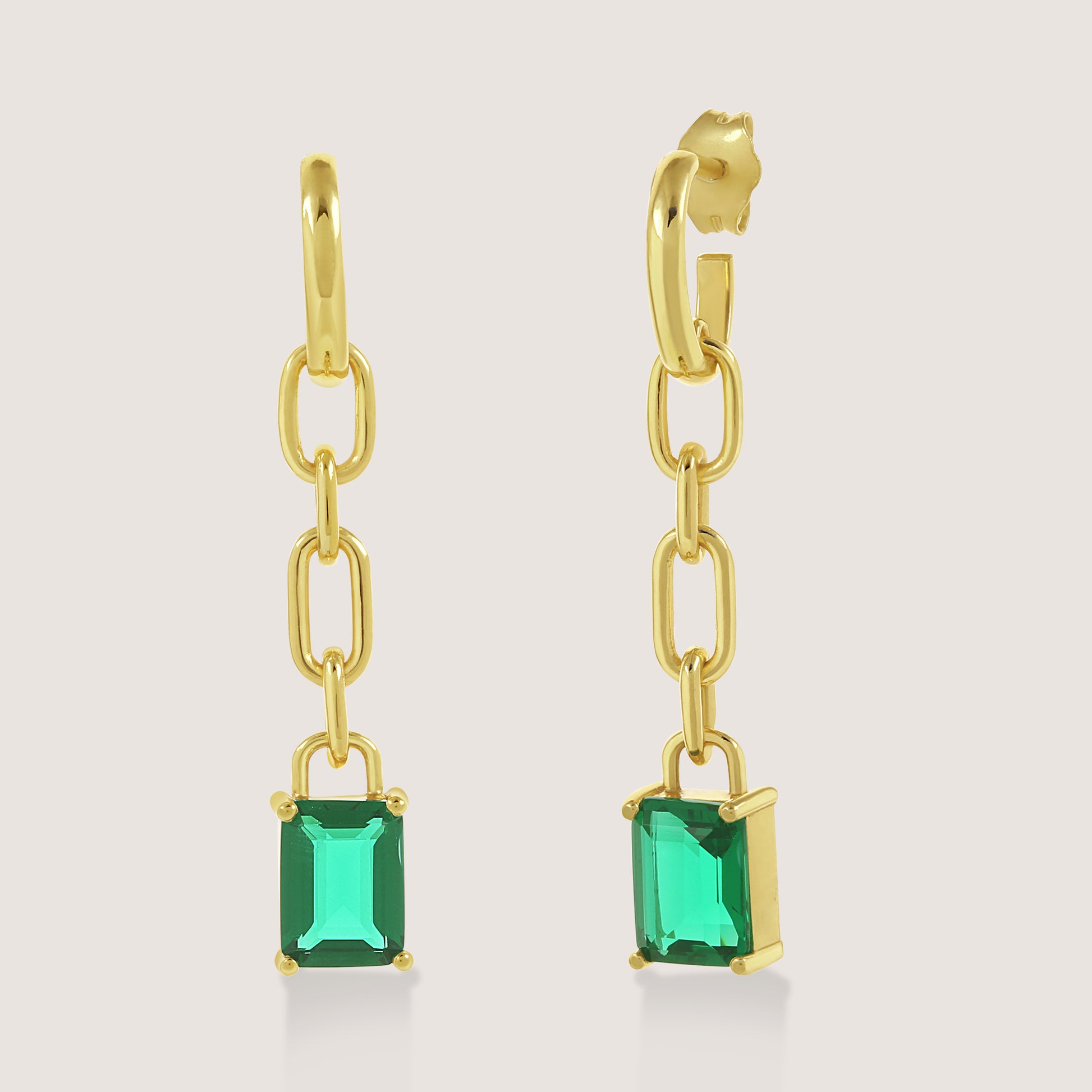 White Background - Front of KiraKira Emerald Danglers | 925 Silver Gold-Plated from Nishani’s Kira Kira festive collection — handcrafted emerald jewelry, earrings in gold-plated 925 silver.