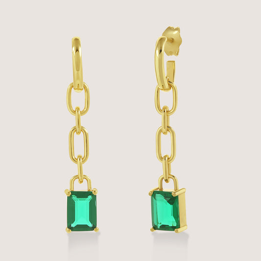 White Background - Front of KiraKira Emerald Danglers | 925 Silver Gold-Plated from Nishani’s Kira Kira festive collection — handcrafted emerald jewelry, earrings in gold-plated 925 silver.