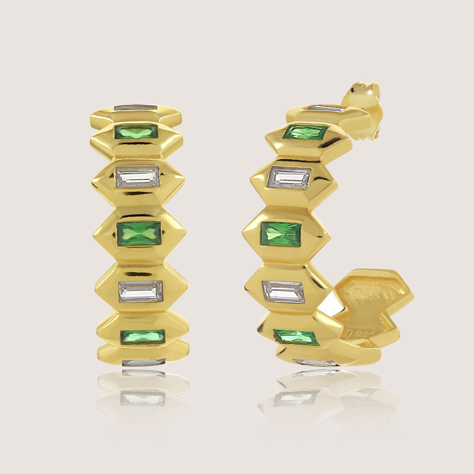 White Background - Front of KiraKira Hoops | Gold-Plated Jewellery with Emeralds from Nishani’s Kira Kira festive collection — handcrafted emerald jewelry, earrings in gold-plated 925 silver.