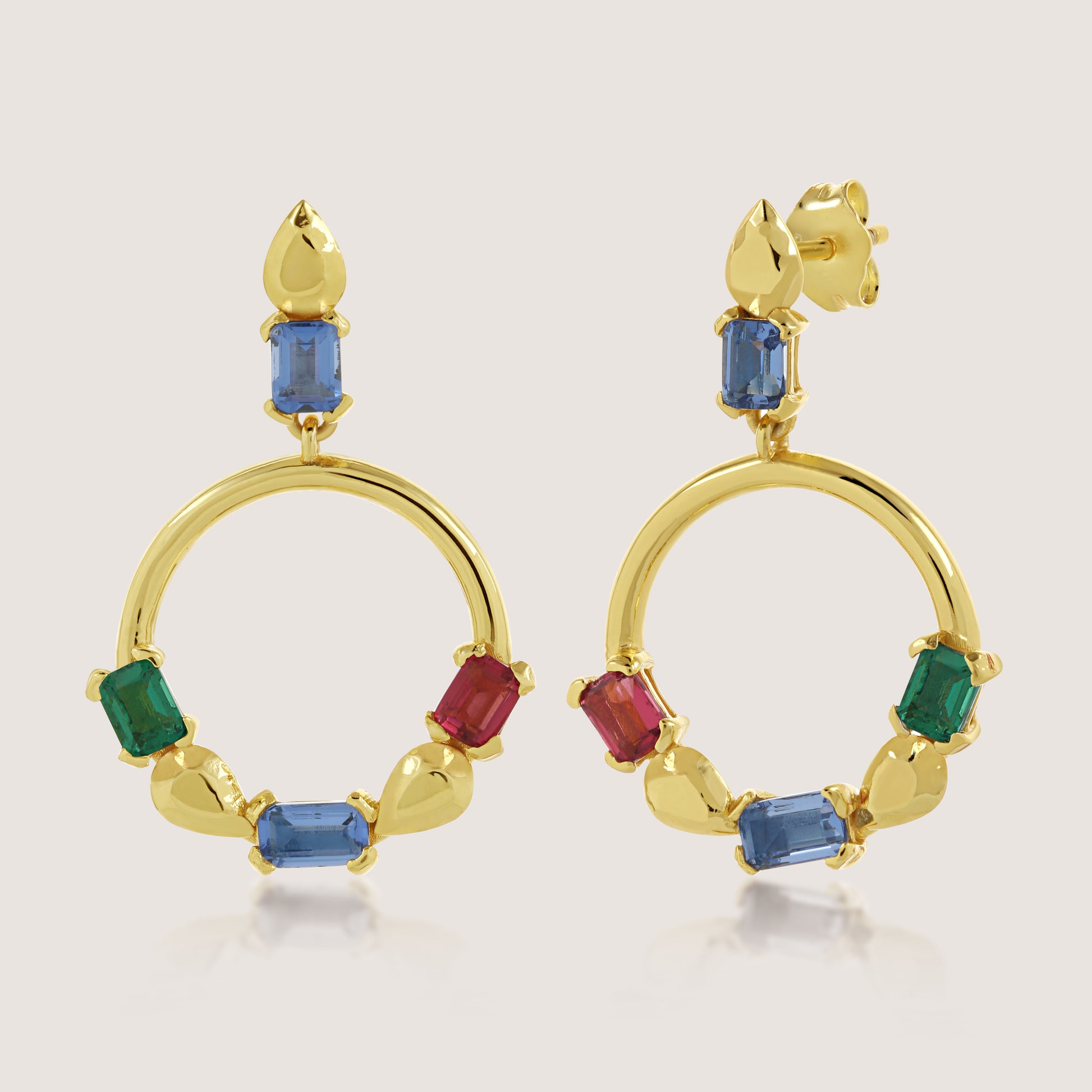 White Background - Front of KiraKira Multi-Colour Danglers | 925 Silver Gold-Plated from Nishani’s Kira Kira festive collection — handcrafted multicolour stones jewelry, earrings in gold-plated 925 silver.