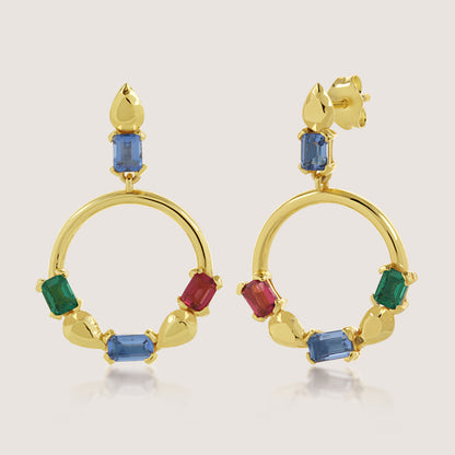 White Background - Front of KiraKira Multi-Colour Danglers | 925 Silver Gold-Plated from Nishani’s Kira Kira festive collection — handcrafted multicolour stones jewelry, earrings in gold-plated 925 silver.