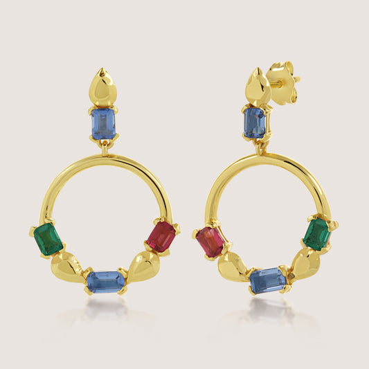 White Background - Front of KiraKira Multi-Colour Danglers | 925 Silver Gold-Plated from Nishani’s Kira Kira festive collection — handcrafted multicolour stones jewelry, earrings in gold-plated 925 silver.