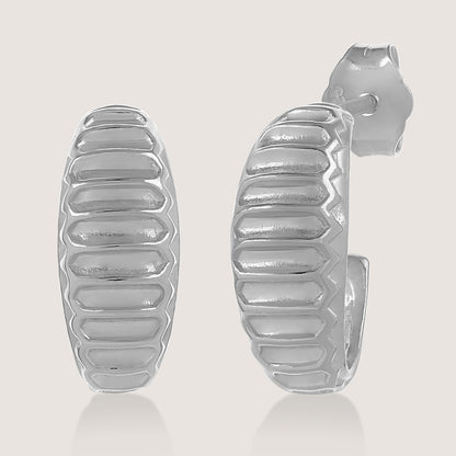 White Background - Front of Ukiyo Ridges Huggies — a minimal, rhodium-plated 925 silver design crafted for everyday wear from Nishani’s Ukiyo collection.