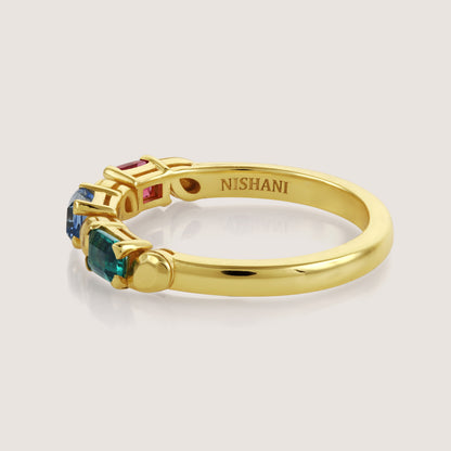White Background - Side of KiraKira Multicolour Ring | 925 Silver Gold-Plated from Nishani’s Kira Kira festive collection — handcrafted multicolour stones jewelry, ring in gold-plated 925 silver.