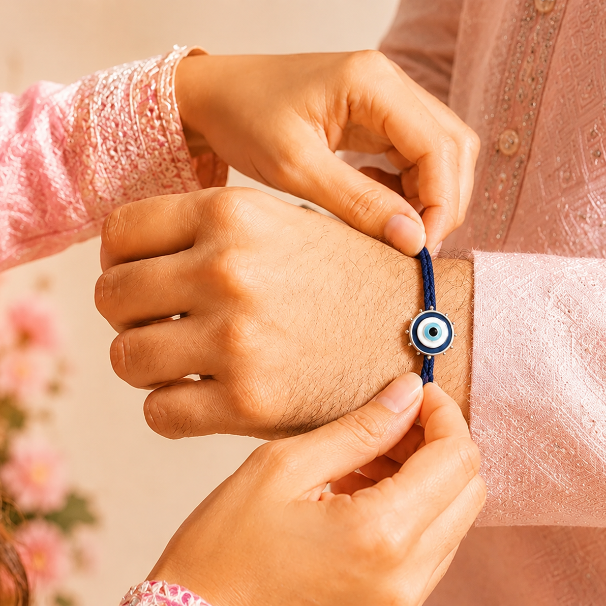 A close-up lifestyle shot of a navy blue cord bracelet with a white and blue evil eye charm being adjusted onto a person's wrist. The person is wearing a light pink embroidered traditional kurta, and another person in a matching pink top is adjusting the bracelet.