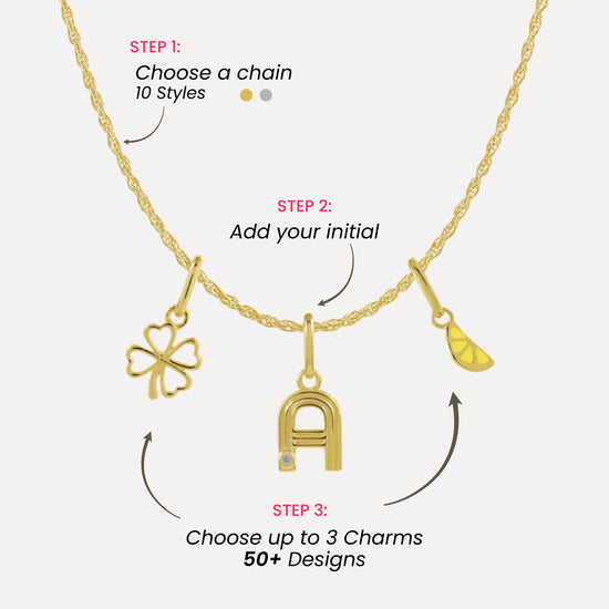 Gold necklace with charms and steps to customize it on a white background