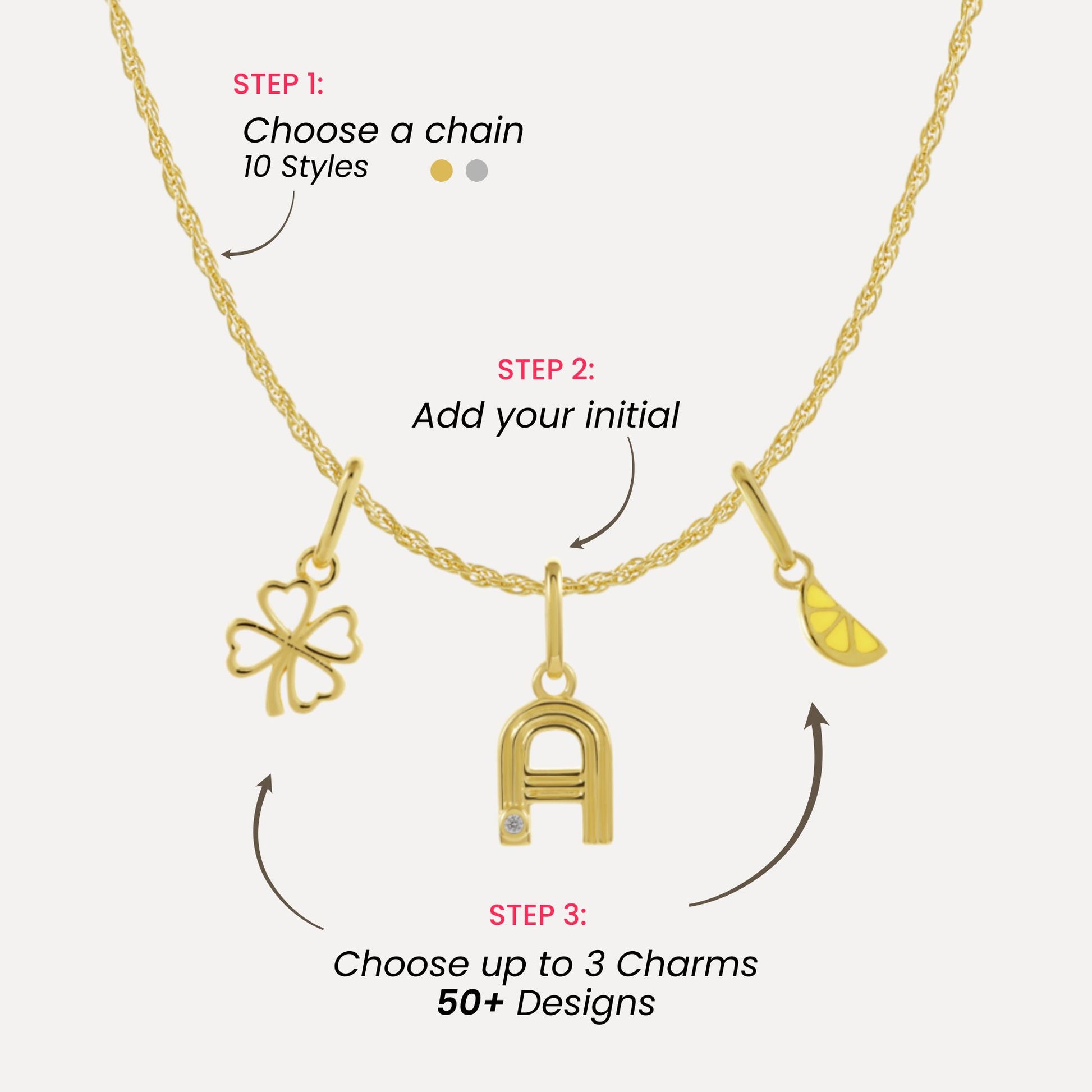 Gold necklace with charms and steps to customize it on a white background