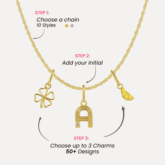 Gold necklace with charms and steps to customize it on a white background