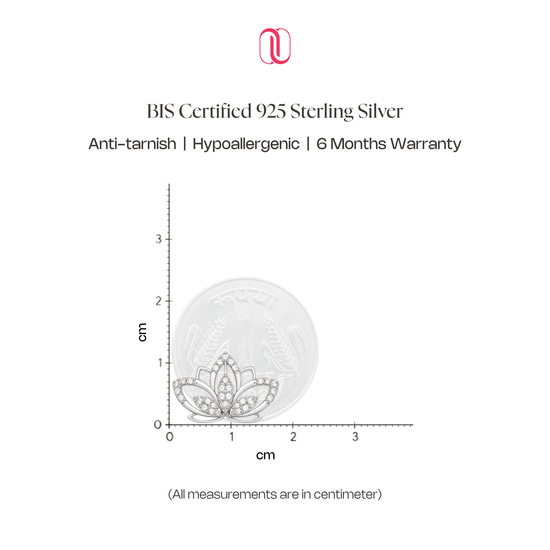 A BIS Certified 925 Sterling Silver product graphic on a white background, showing a round silver item with a floral crown-like engraving and a small inset of the silver piece near a centimeter measurement scale. Text reads 'BIS Certified 925 Sterling Silver' and 'Anti-tarnish | Hypoallergenic | 6 Months Warranty.