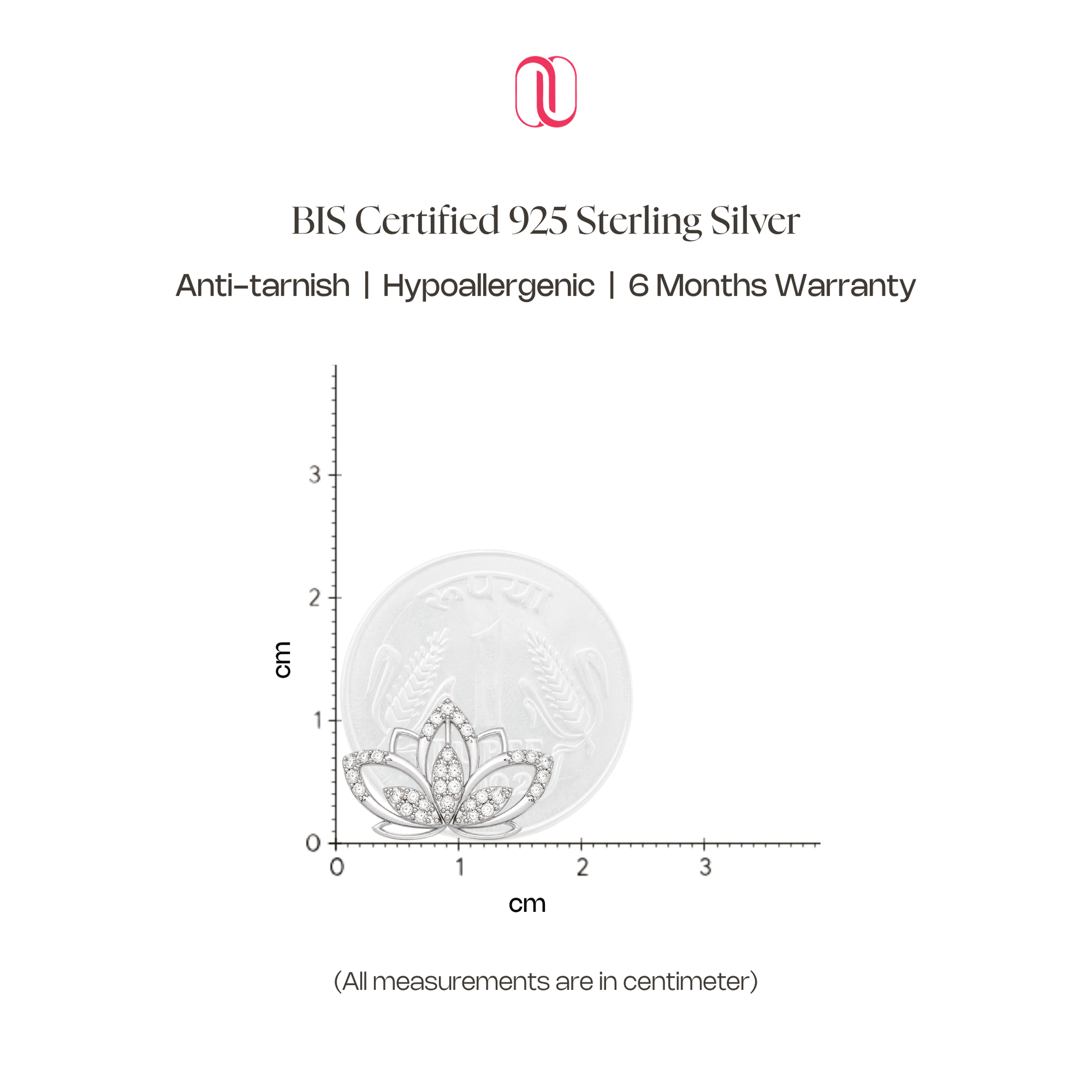A BIS Certified 925 Sterling Silver product graphic on a white background, showing a round silver item with a floral crown-like engraving and a small inset of the silver piece near a centimeter measurement scale. Text reads 'BIS Certified 925 Sterling Silver' and 'Anti-tarnish | Hypoallergenic | 6 Months Warranty.