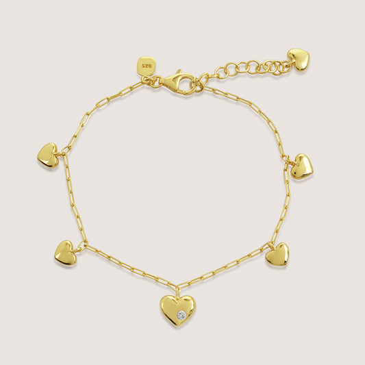 multi heart charm bracelet crafted in 925 sterling silver, available in gold and rhodium-plated finish