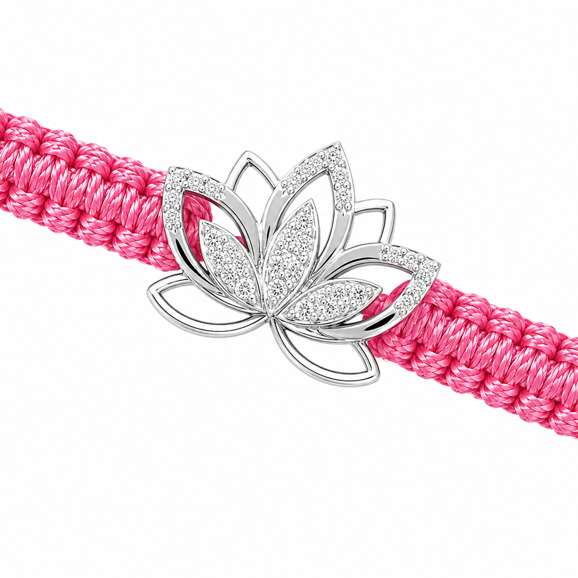 A pink braided cord bracelet with a silver lotus flower charm embellished with clear crystals, shown on a plain white background.