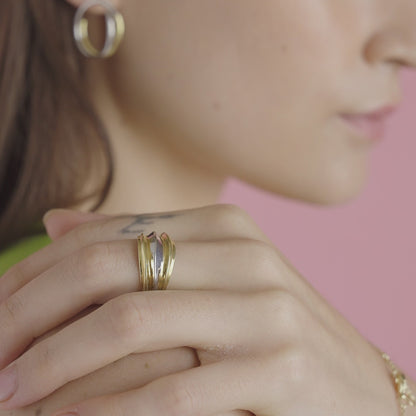 Dual-tone gold and rhodium signet band ring in 925 silver, bold everyday luxury — model - full look