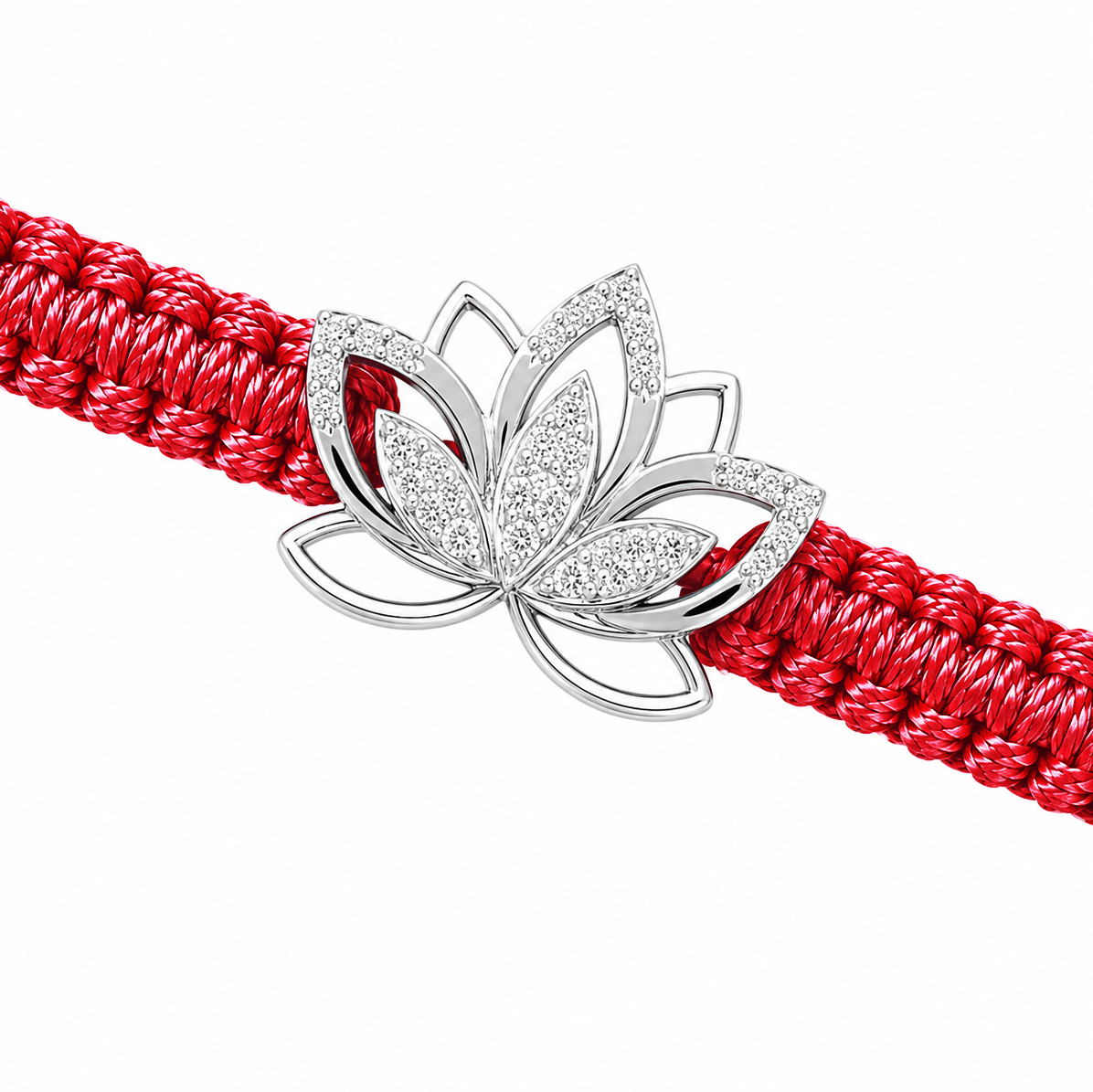 A red braided cord bracelet with a silver lotus flower charm embellished with clear crystals, shown on a plain white background.