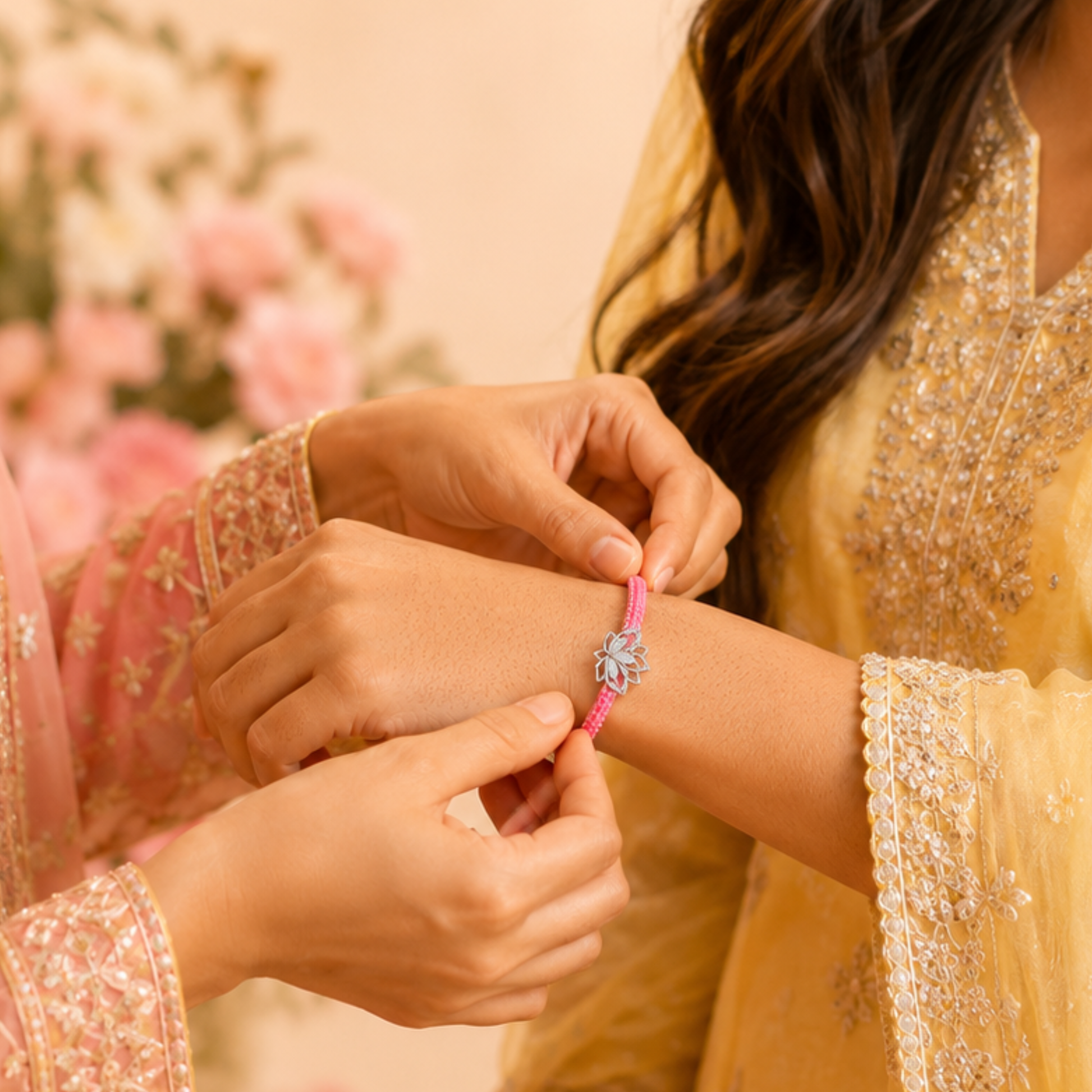 A close-up lifestyle shot of a person wearing a pink braided bracelet with a silver-toned floral charm, while another person in a gold embroidered traditional outfit adjusts the bracelet.