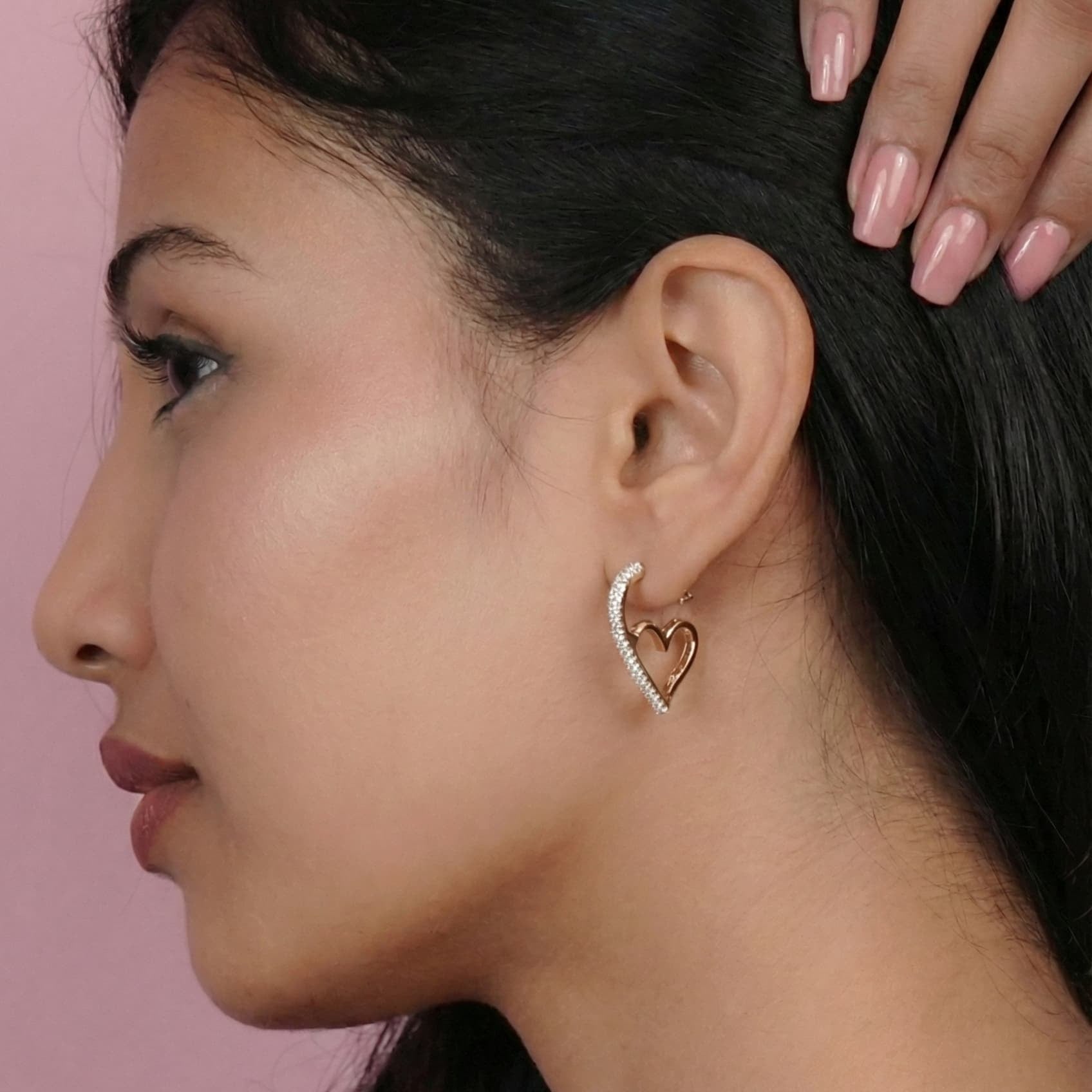 studded heart hoops crafted in 925 sterling silver, available in gold and rhodium-plated finish, featuring a romantic heart-inspired design