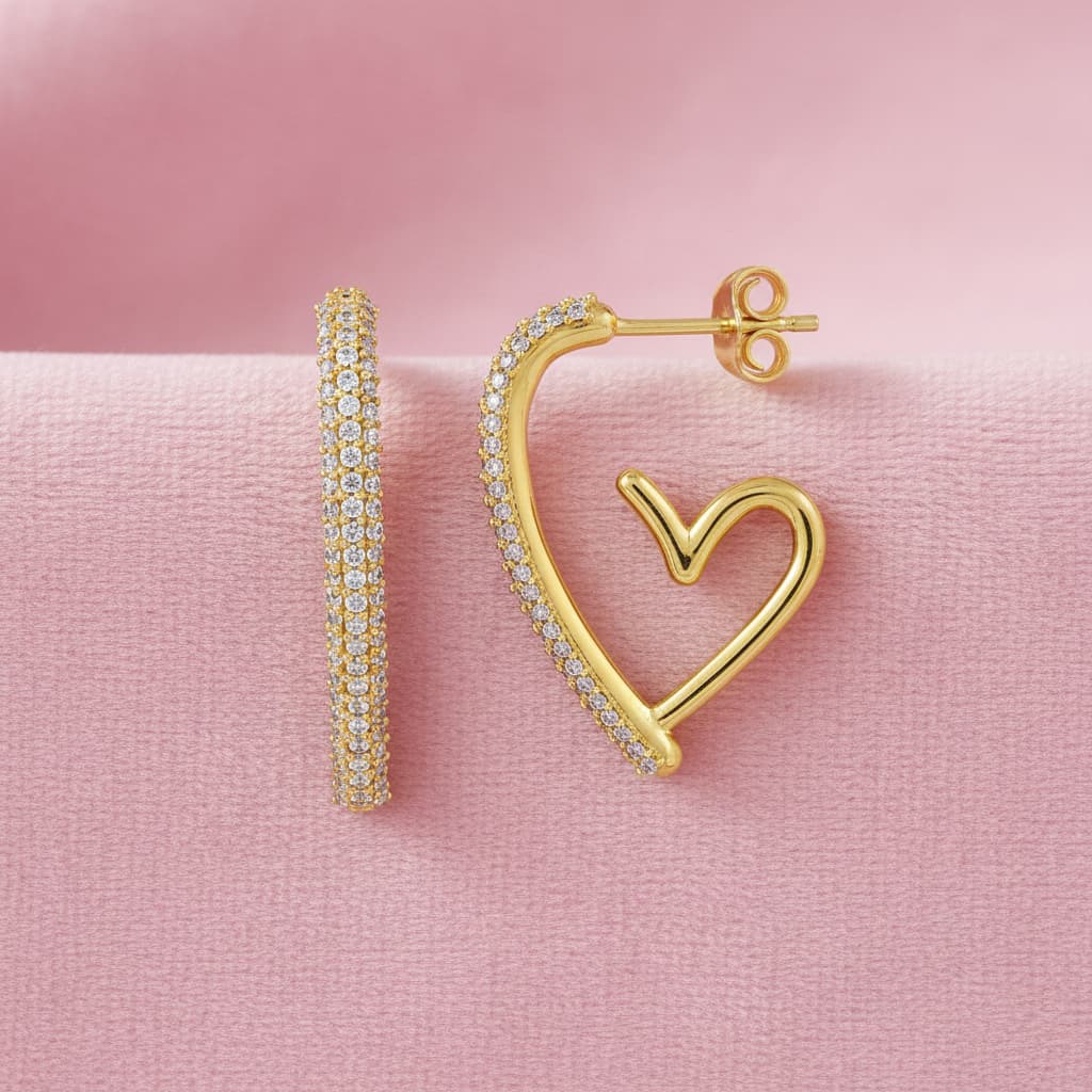 studded heart hoops crafted in 925 sterling silver, available in gold and rhodium-plated finish, featuring a romantic heart-inspired design
